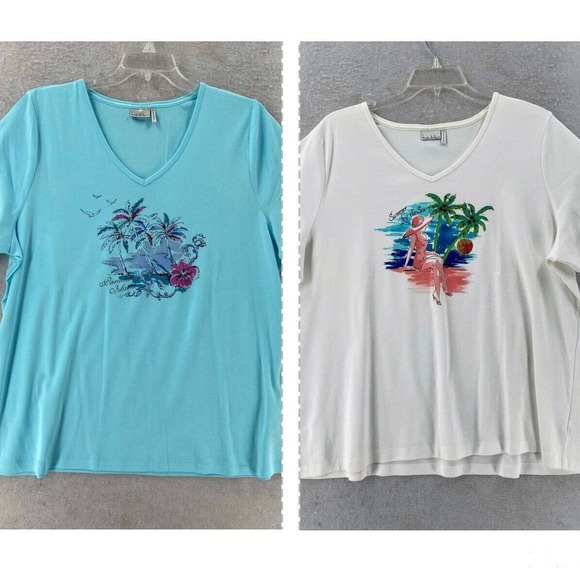 Lot of 2‎ Nicole Miller T-shirts 3X Summer by the Sea Tropical Vacation Island - Picture 1 of 16